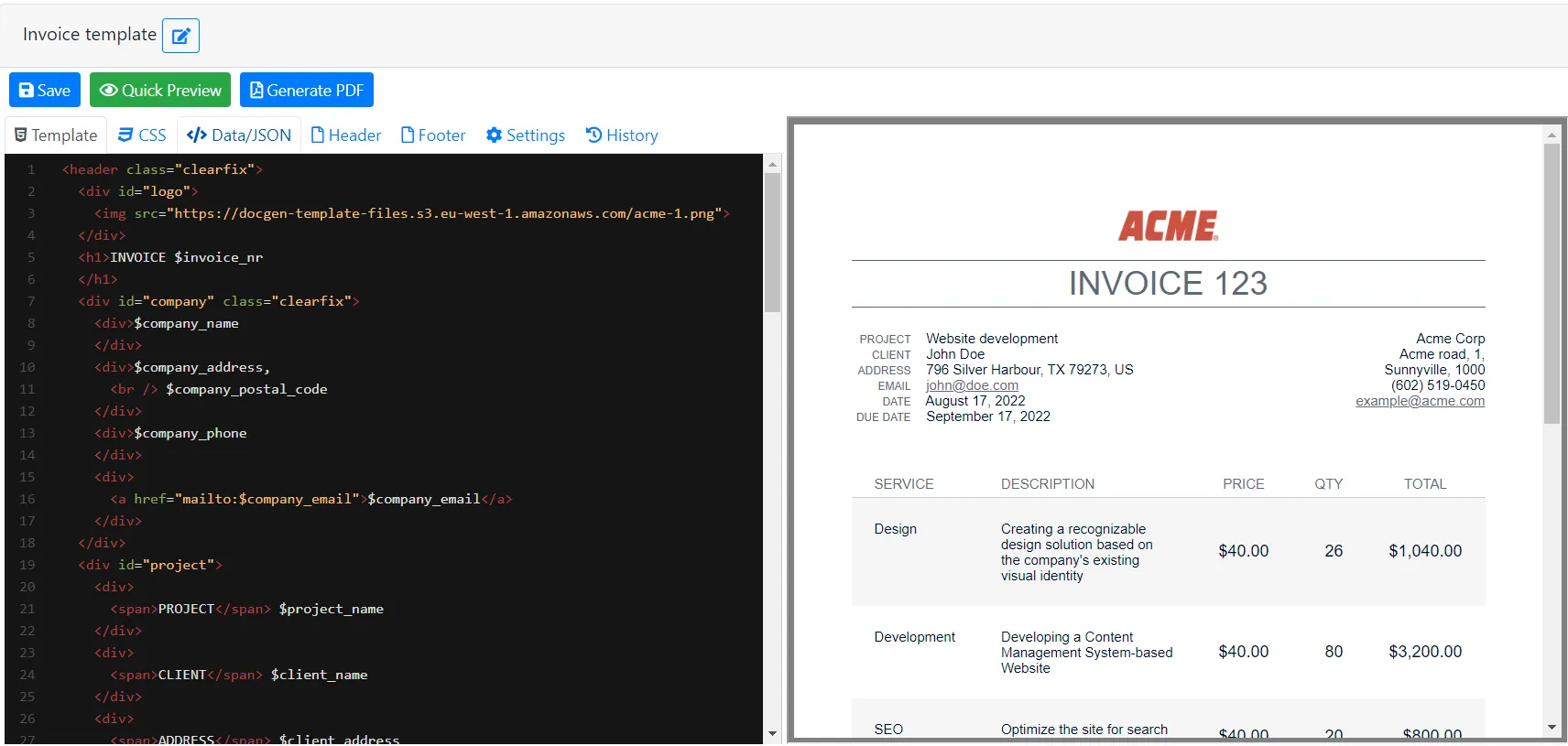 HTML template editor